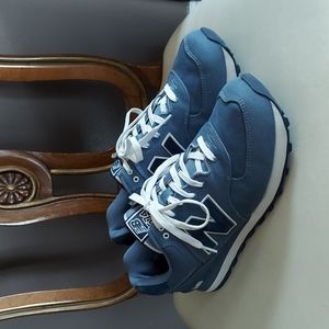 Men's New Balance 574, mid blue canvas/navy suede.  11.5 2E (wide).